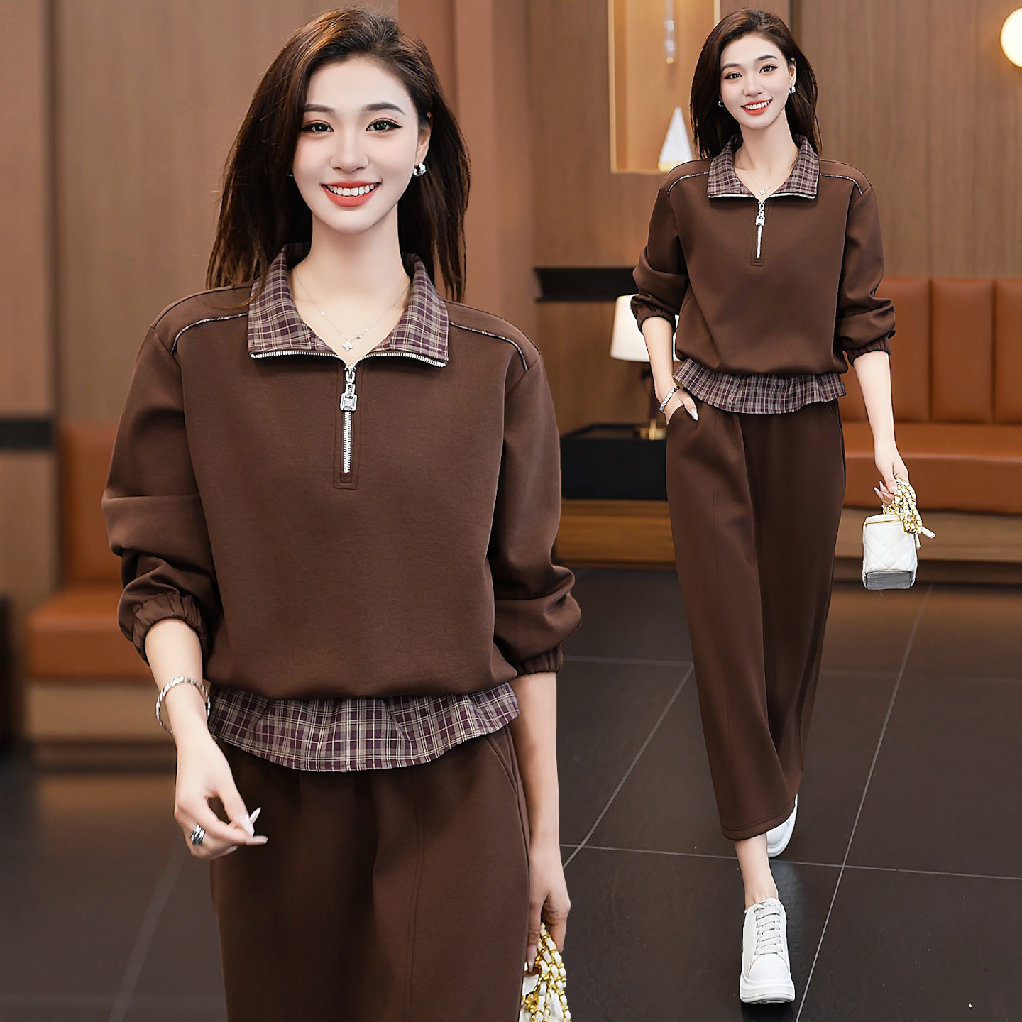 时尚休闲风假两件格纹拼接卫衣套装女春秋季显瘦运动套装2026新款,女装/女士精品,休闲运动套装,淘宝优惠券,粉丝福利购,淘宝优惠卷