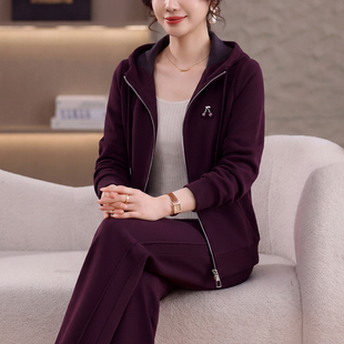 时尚休闲运动套装女秋季新款连帽开衫宽松两件套中年妈妈装洋气潮