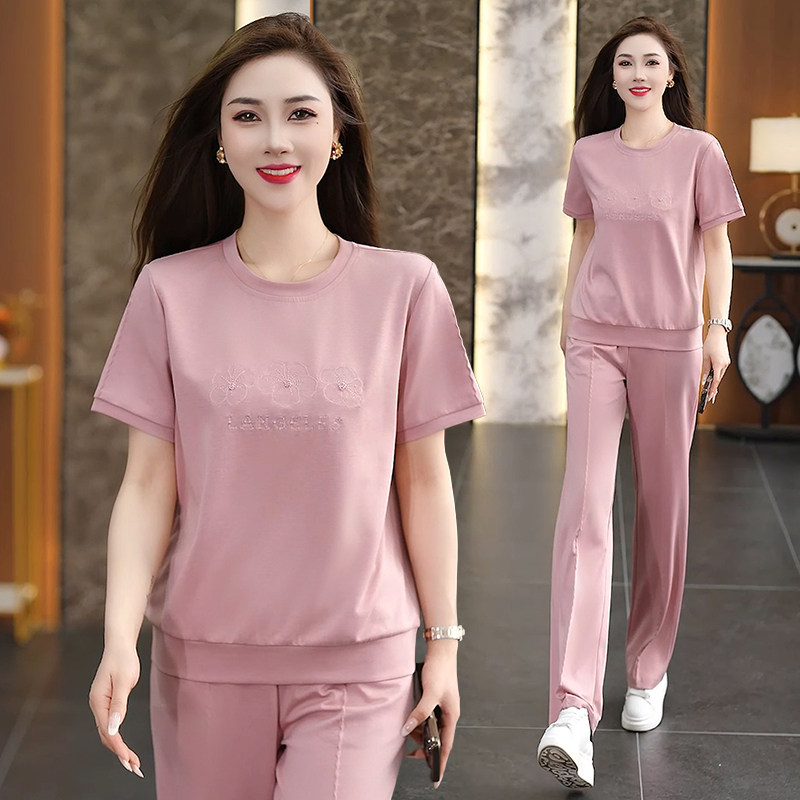 圆领休闲运动套装女薄款2025新款夏季时尚洋气显瘦短袖长裤跑步服