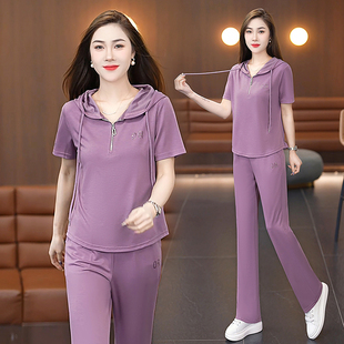 连帽短袖 高品质运动套装 时尚 新款 休闲服两件套洋气宽松卫衣 女夏季
