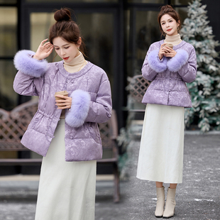 新中式国风女装羽绒服2025冬季新款高端提花盘扣短款收腰保暖外套