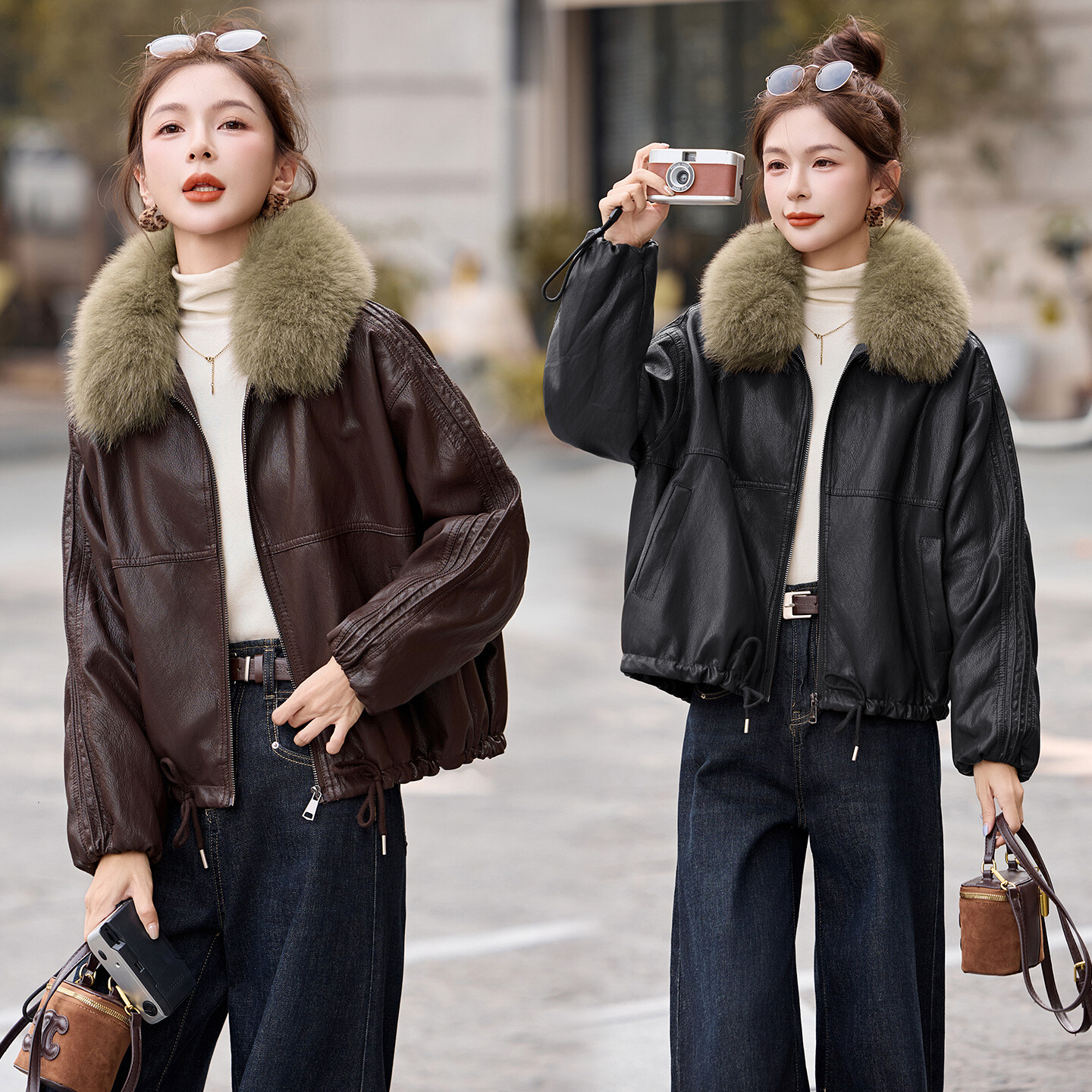 加绒加厚PU皮衣外套女冬季新款小个子洋气短款温暖大毛领棉服夹克