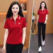 休闲运动套装 阔腿裤 女夏季 2025新款 洋气两件套 短袖 冰丝薄款 POLO衫