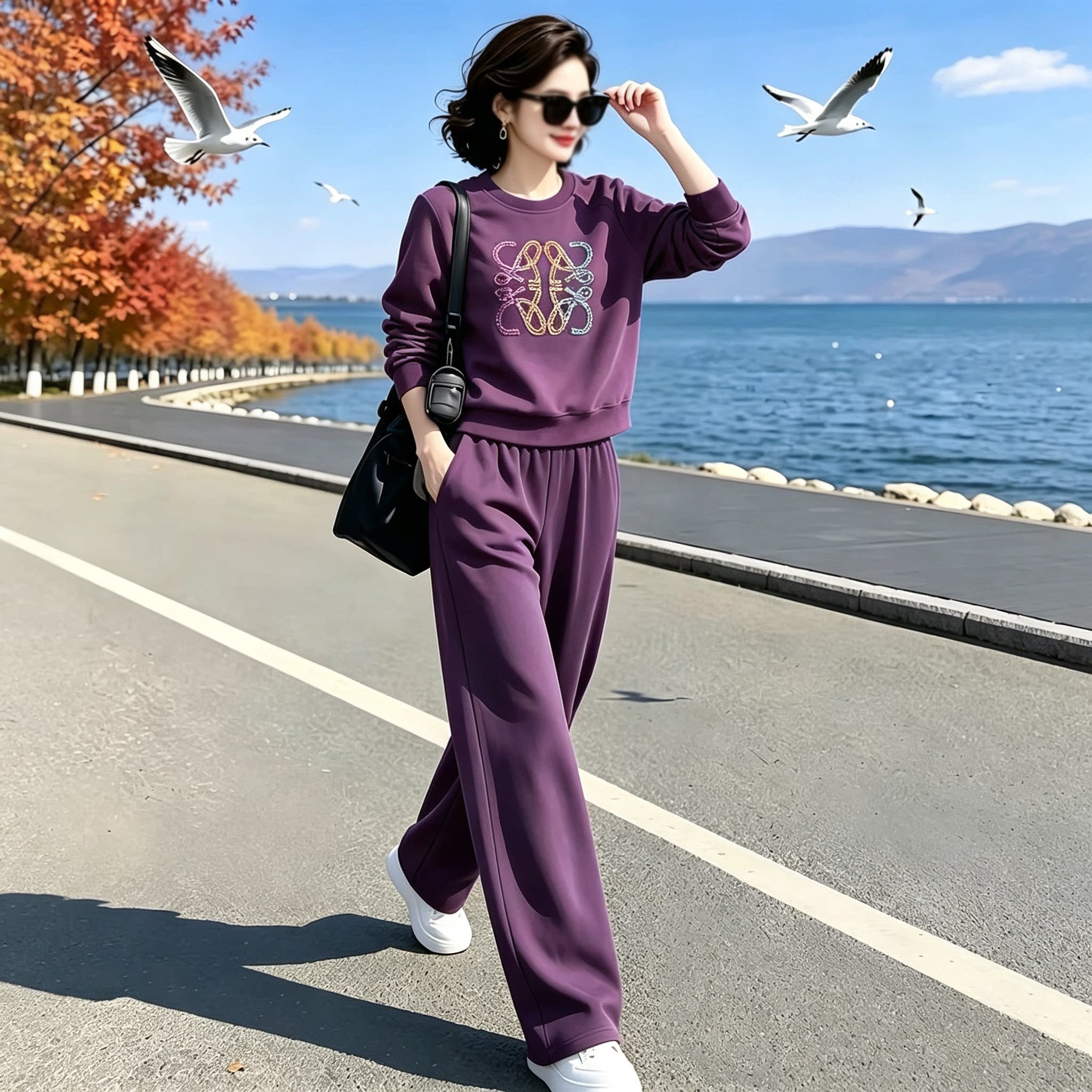 春秋运动风套装女洋气休闲一整套2026秋季气质圆领长袖卫衣跑步服