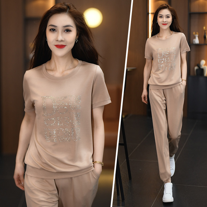时尚运动套装女夏季新款烫钻短袖圆领卫衣束脚裤减龄休闲两件套潮