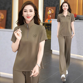 女夏季 时尚 2025新款 长裤 休闲两件套 洋气质妈妈短袖 冰丝运动服套装