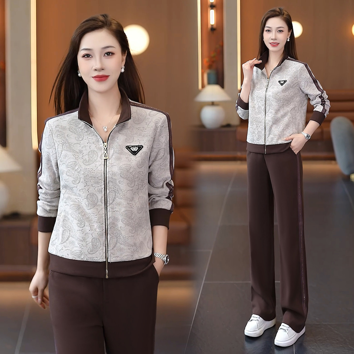 休闲风运动套装女2026秋季新款宽松洋气印花两件套时尚立领跑步服