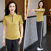 女夏季 两件套时尚 新款 拉链撞色长裤 潮 立领短袖 时髦运动风休闲套装