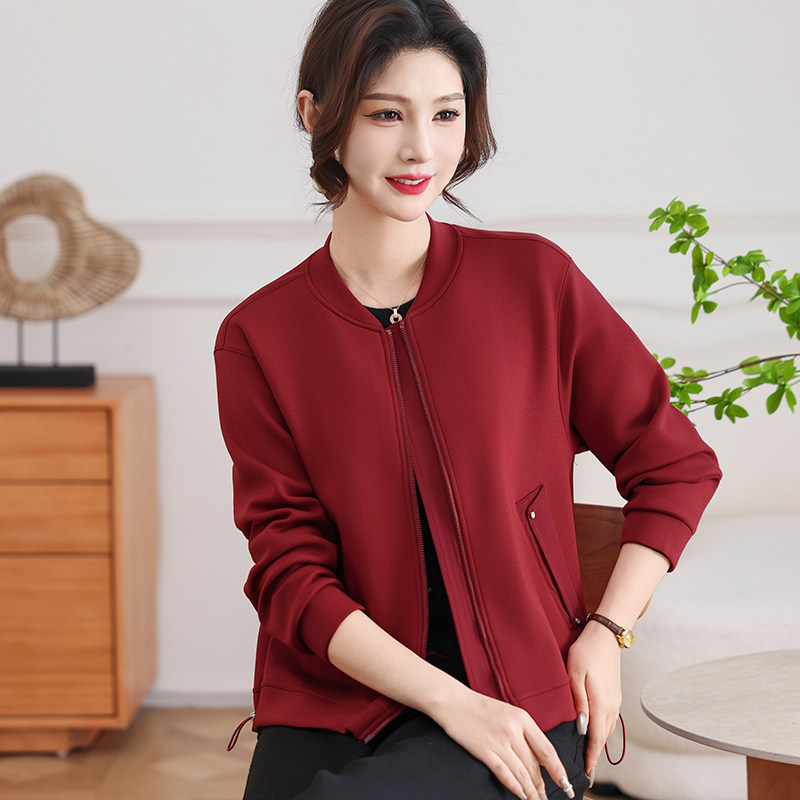 休闲红色拉链宽松棒球短外套女秋图片