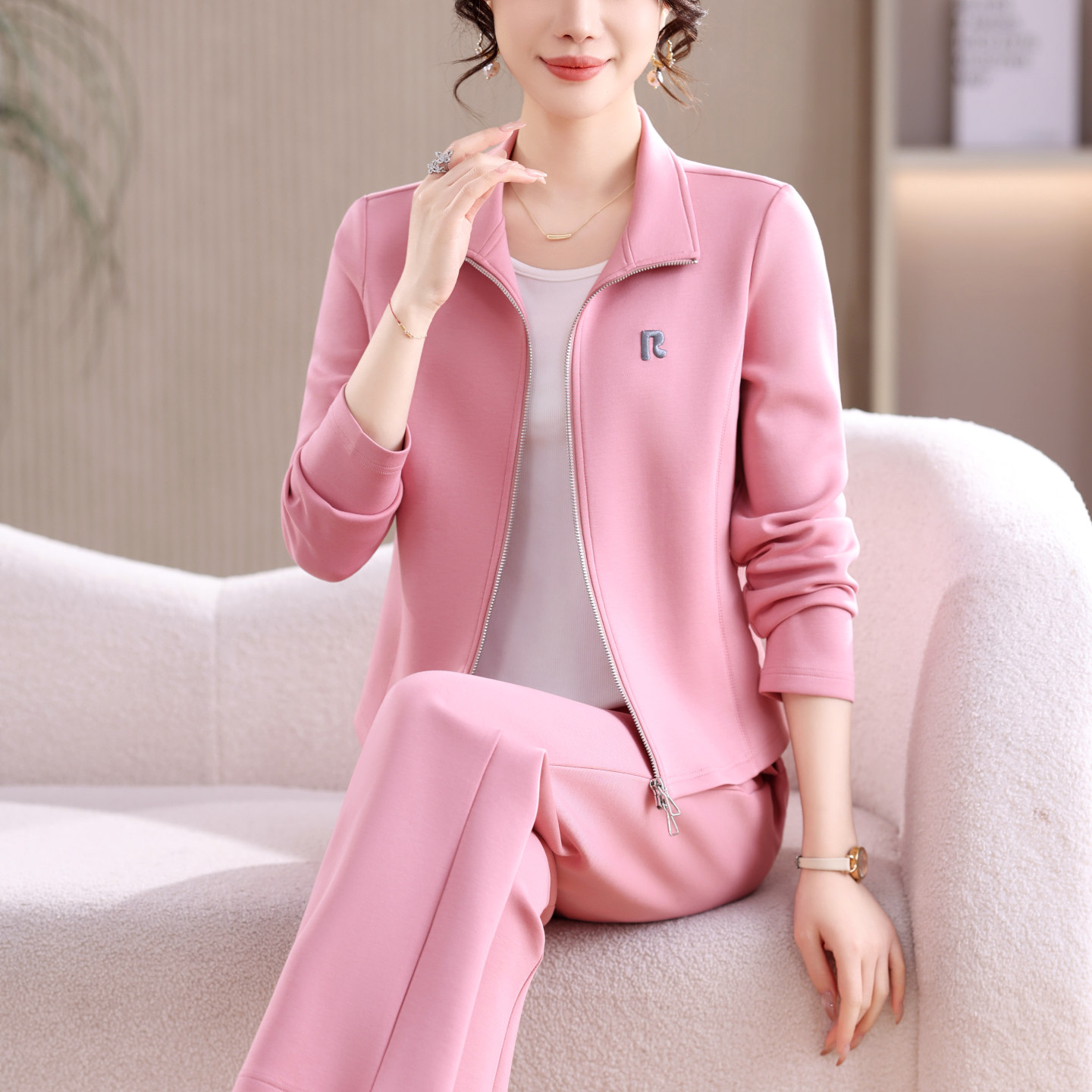 休闲运动套装女2026春秋季立领拉链假三件套气质时尚中老年女套装