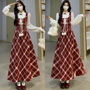 大码圣诞节战袍假两件红色格子连衣裙女秋冬胖MM减龄巨好看长裙子