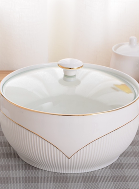 家用双耳带盖陶瓷汤窝创意炖盅纯白大号容量饭汤碗汤盆微波炉包邮