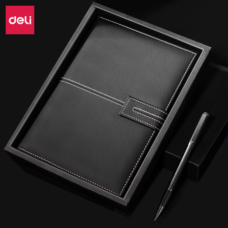 得力皮面笔记本记事本商务会议本