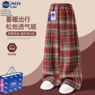 NASA女童新年红色毛呢裤子2026新款加绒加厚保暖格子阔腿长裤少女