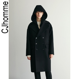 CJHOMME 冬季男士毛呢韩版流行羊绒西装领连帽中长款呢子大衣男