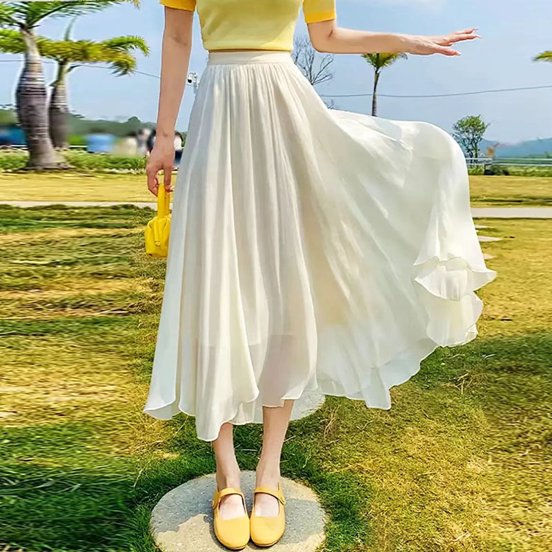 高级感百搭珠光A字裙女2025夏季新款大摆仙女裙流光纱百褶半身裙