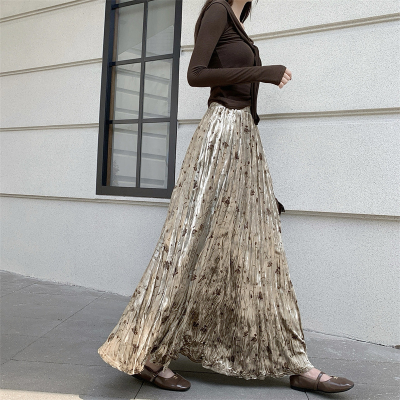 复古印花丝绒褶皱大摆半身裙