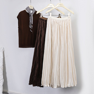 法式 显瘦大摆A字百褶裙 复古玉米条压褶丝绒半身裙女2025秋冬新款