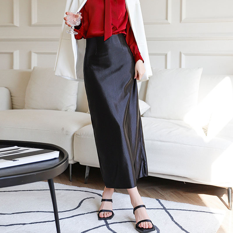 高级感亮丝开叉直筒裙女2025秋冬新款a字气质优雅垂感醋酸半身裙