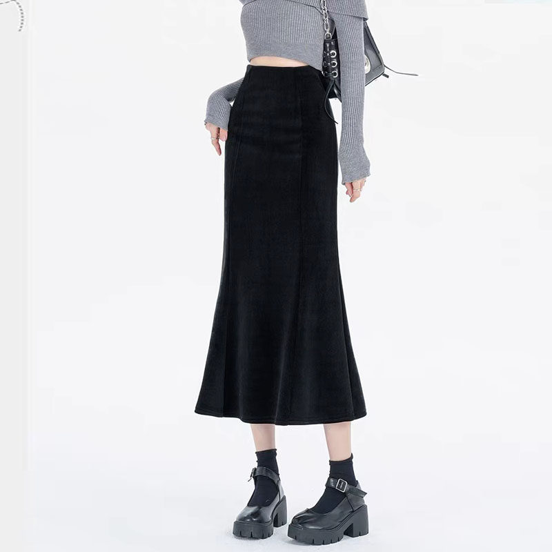 高级感复古丝绒鱼尾裙女2025秋冬新款高腰拼包臀裙中长加绒半身裙