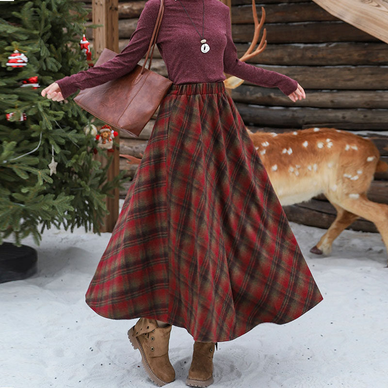 高级感红色复古毛呢格纹大摆裙女2025秋冬新款a字伞裙中长半身裙