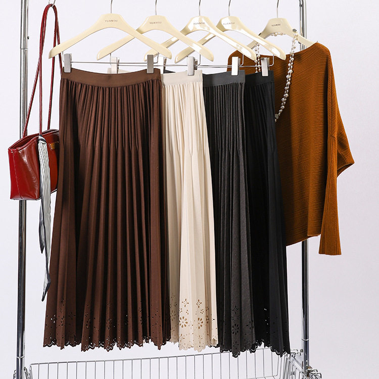 美拉德毛呢镂空蕾丝花边半身裙女2026春季新款a字垂感中长百褶裙