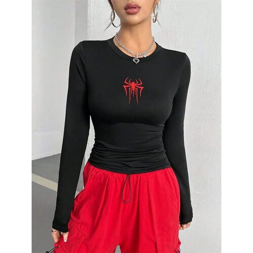 Spider Print Round Neck Long Sleeve Crop Tee Top for Women A