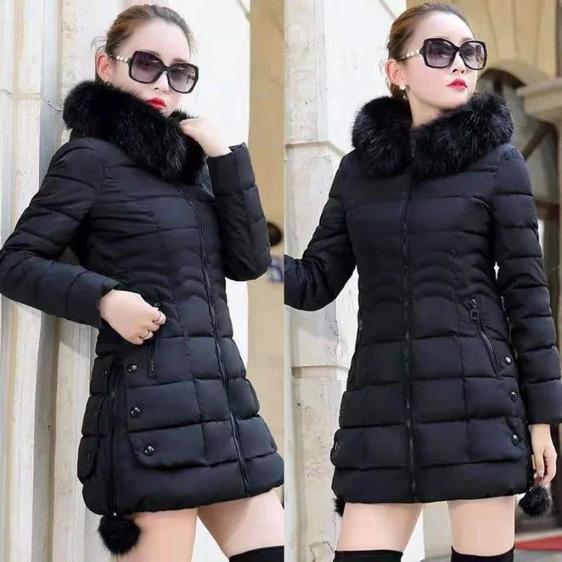 2023 Winter Women Jacket Parka Big Fur Collar Hooded Thick W