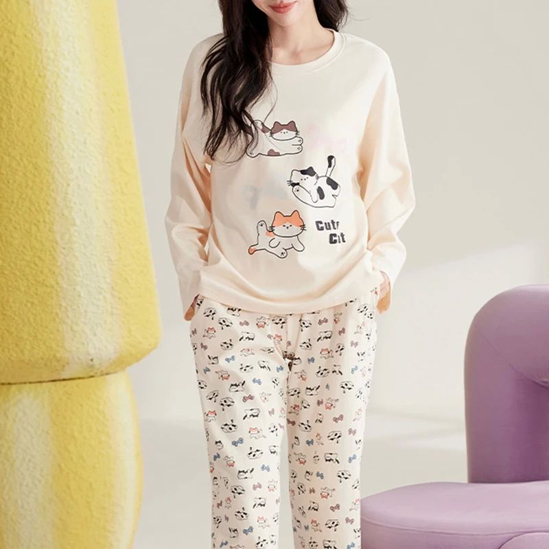Cute Cat Pajamas Set Women Autumn Winter Long Sleeves Long P