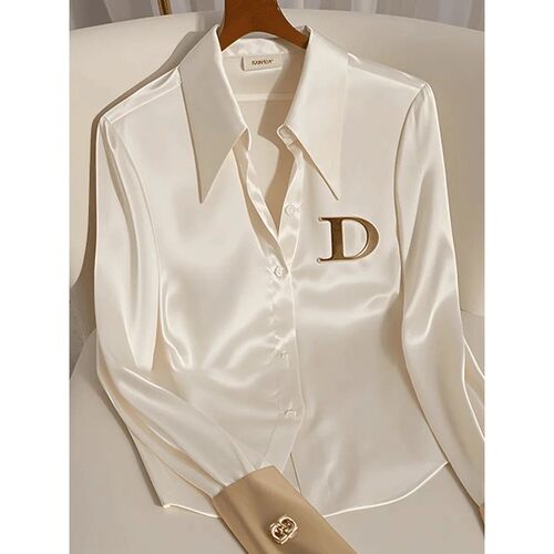 Elegant French Women's White Satin Shirt Turn-down Collar Lo