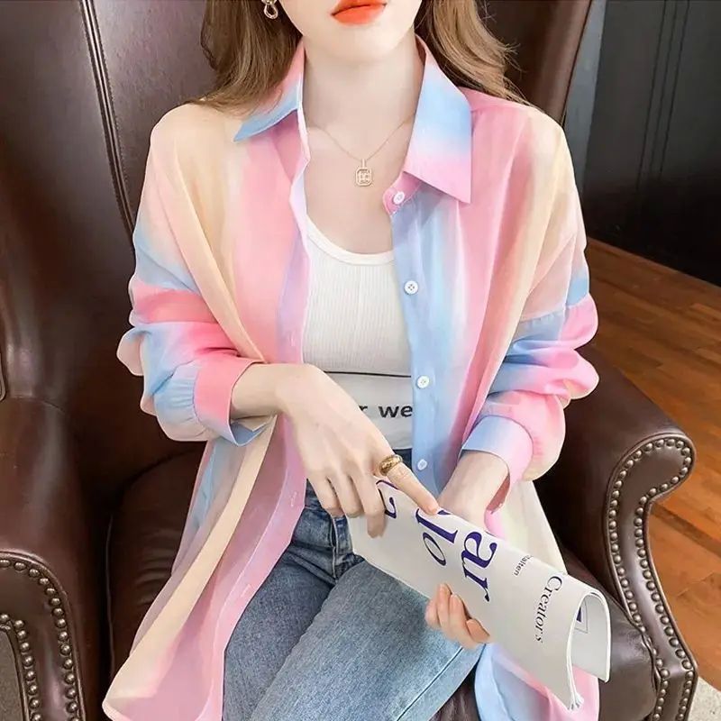 Turn-down Neck Long Sleeved Shirt And Blouses Gradient Rainb