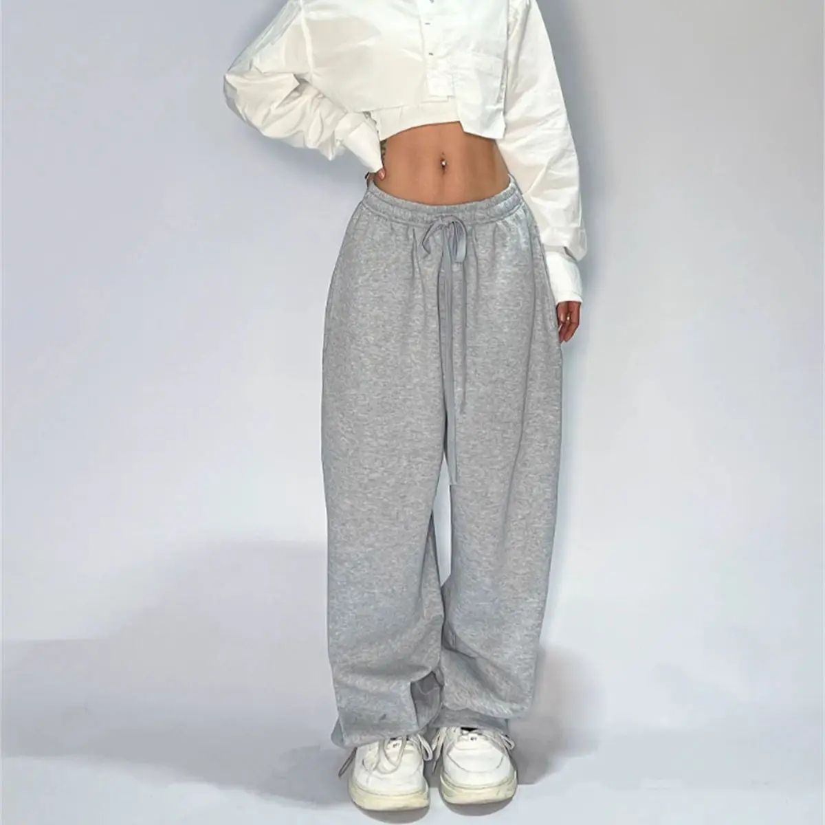 Casual Solid Sweatpants For Women High Waist Lace Up Loose J