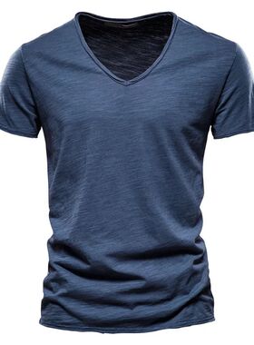 AIOPESON100% Cotton Men T-shirt V-neck Fashion Design Slim F