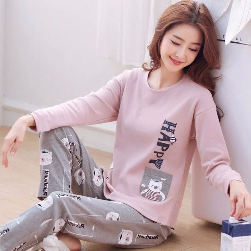 Spring Thin 2pieces Pyjamas Set Women Tops 2024 Cotton Round