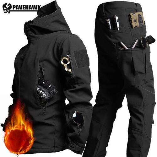 Thicken Warm Set Mens Winter Multi Pocket Hooded Tactical Ja