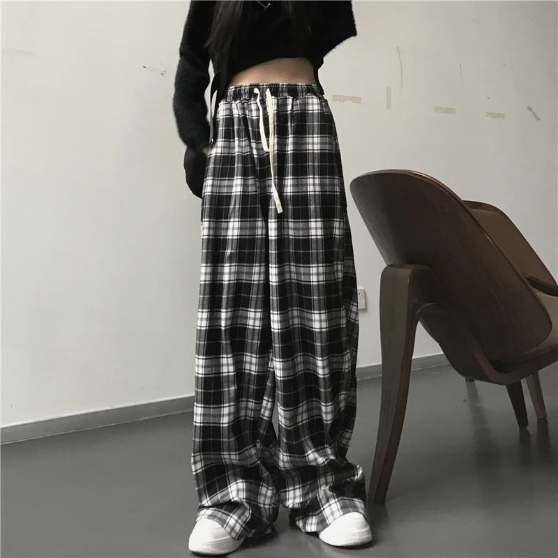 Oversize Women Sweatpants Fashion Black Plaid Casual Pants B