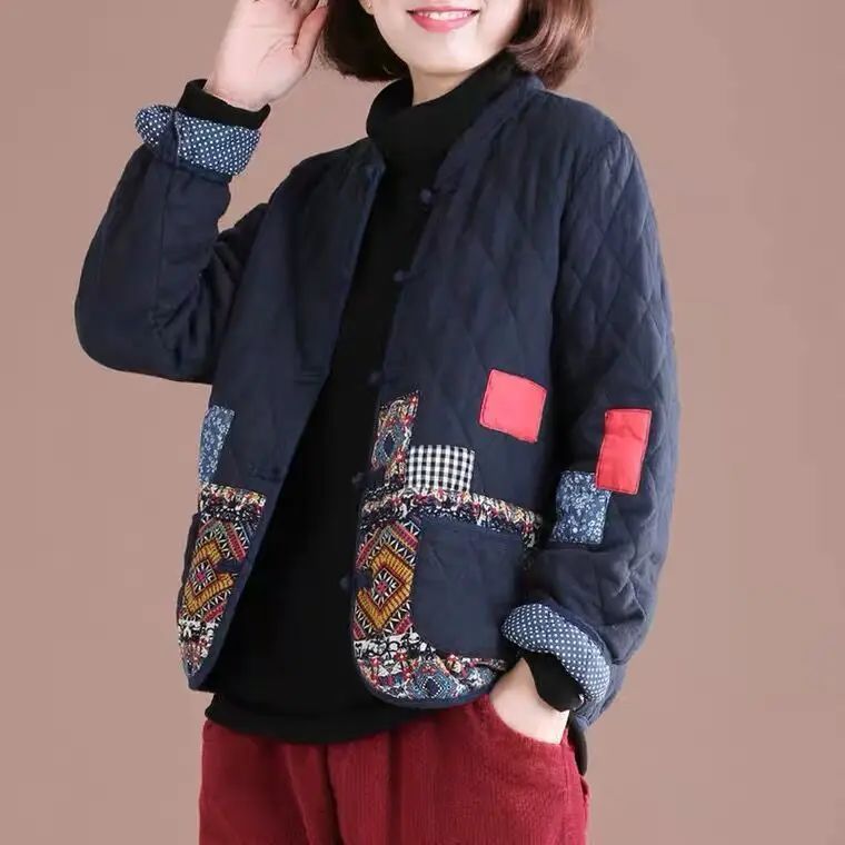 Autumn Winter Short Coat Patchwork Vintage Quilted Jacket Si