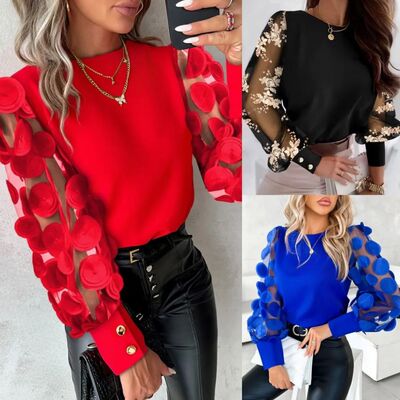 Women Embroidery Floral Patchwork Blouse Shirts Spring Femal
