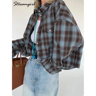 Streamgirl Oversized Plaid Shirt Women 2026 Spring Loose Vin