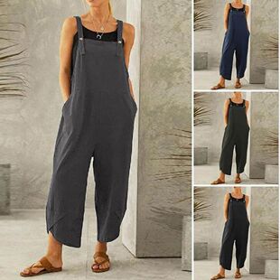 Women Loose Wide Leg Overalls Summer Adjustable Solid Color