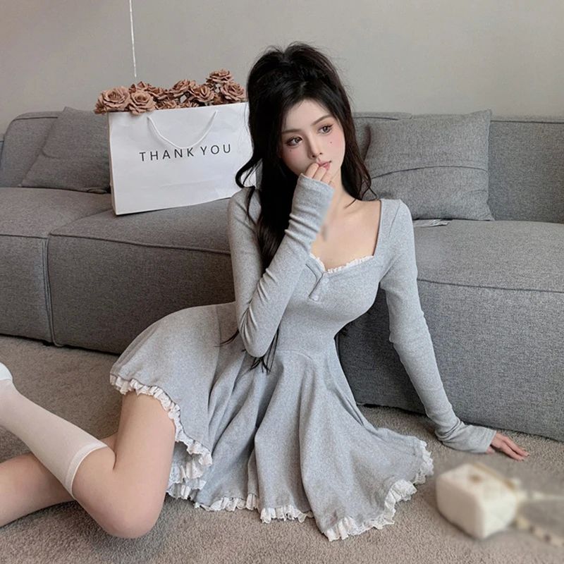Sexy Korean Dress French Style Waist Closed Long Sleeve Coll