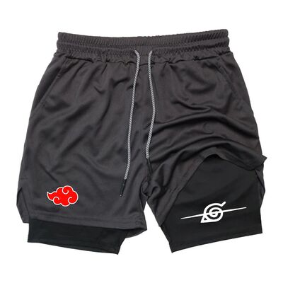 Men Anime Double Layer Shorts Gym Workout Printed Sports Mul