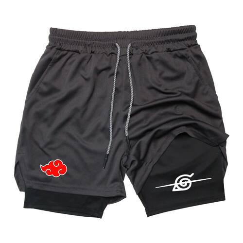Men Anime Double Layer Shorts Gym Workout Printed Sports Mul