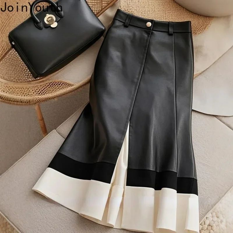 Leather Skirt Women Temperament Jupe Hig Waist Patchwork Ruf