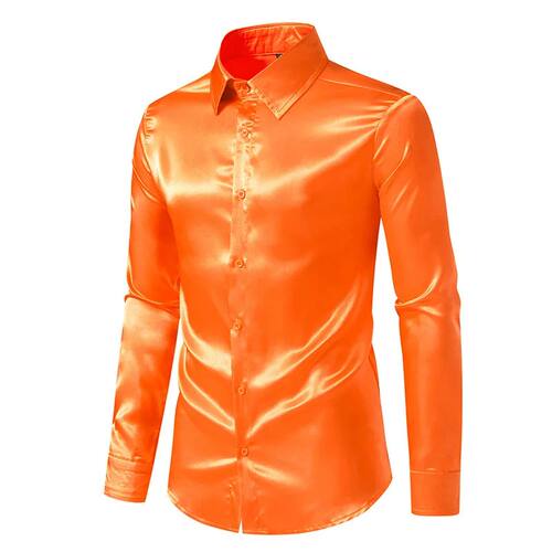 Blue Orange Red Black White Yellow Satin Silk Shirt Mens Cas