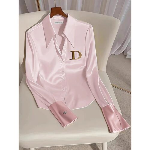 Elegant French Women's Pink/White Satin Shirt Turn-down Coll