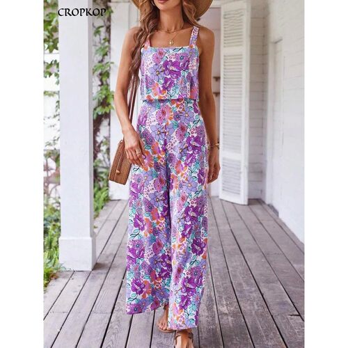 Summer Women's Print Jumpsuits,Sexy Halter Beach Long Jumpsu