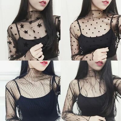 Hot Sale! Black Sexy Mesh Lace Women Tops Tees Tunic T-Shirt