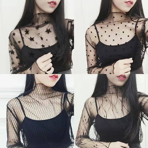 Hot Sale! Black Sexy Mesh Lace Women Tops Tees Tunic T-Shirt