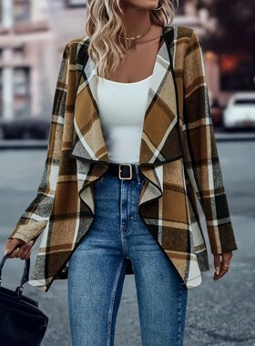 Women Plus Size Woven Open Front Long Sleeve Checkered Patte
